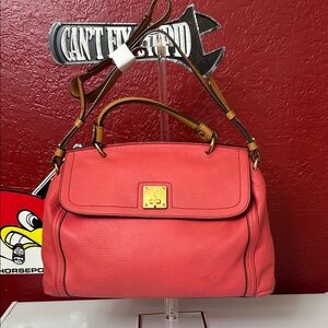 MCM Coral Satchel Bag with Gold Accents